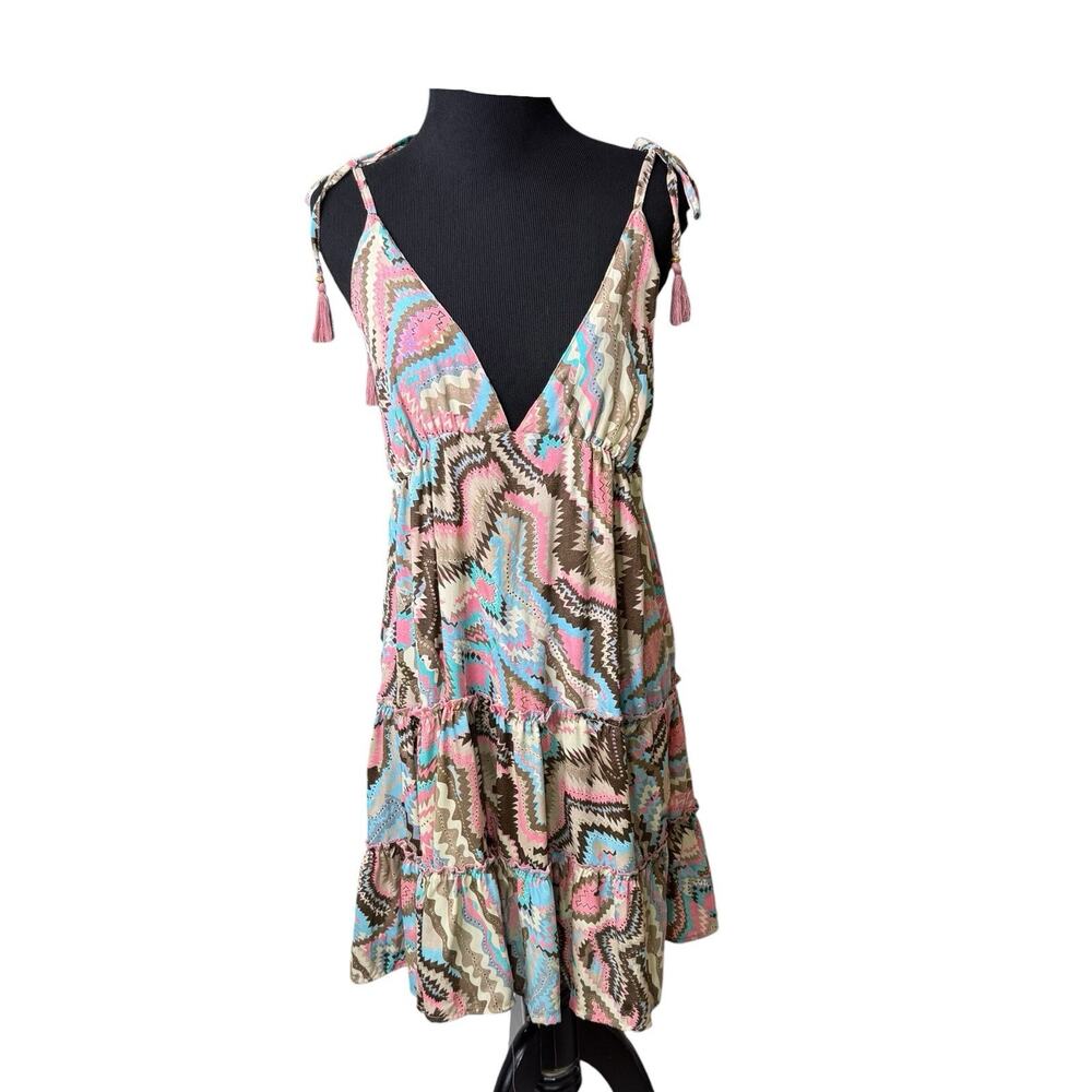 Fab'rik Pink Blue Teal Tribal Babydoll Boho Mini Dress Festival Tiered Sz LG EUC